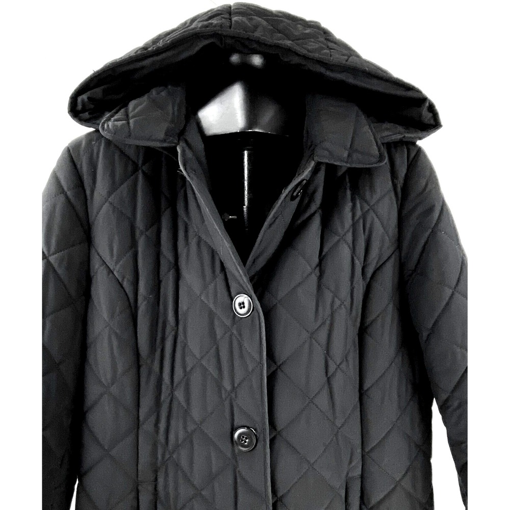Jones New York Hooded Coat Quilted Women's L Black Jacket Lined Comfort Warm